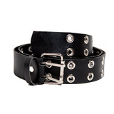 کمربند مشکی مردانه با چرم مصنوعی و پانچهای فلزی نقرهای، سگک فلزی کلاسیک