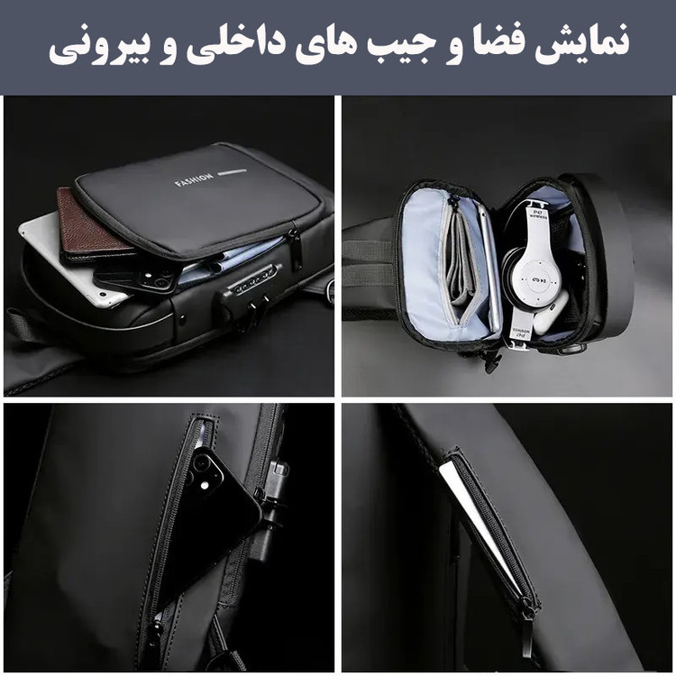 نمای داخلی و بیرونی کیف کراسبادی مشکی با جیبهای متعدد برای موبایل، تبلت و لوازم جانبی
