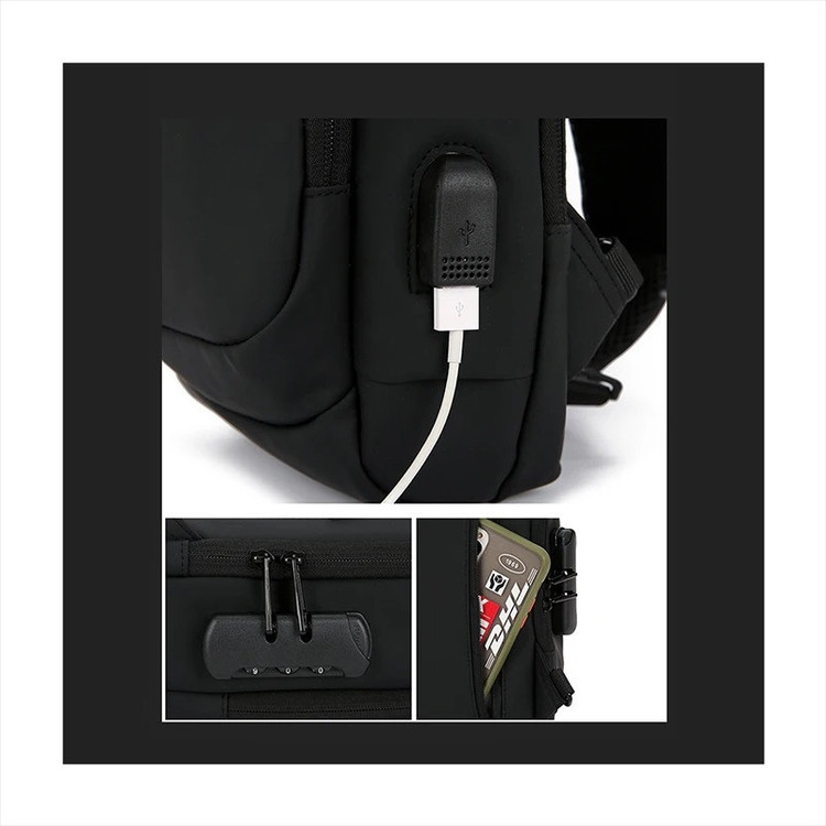 کولهپشتی مشکی با خروجی USB، قفل رمزدار و جیب جانبی مناسب موبایل و کارت، طراحی کاربردی و ایمن