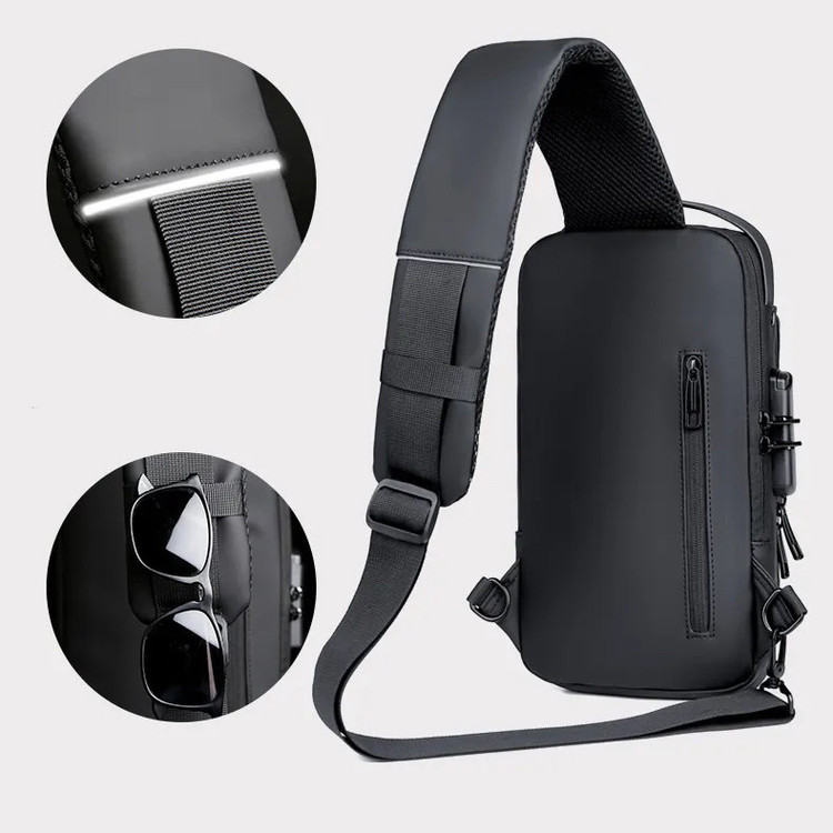 کیف کراسبادی مشکی با بند پهن و محل نگهداری عینک، طراحی ارگونومیک و مناسب استفاده روزمره