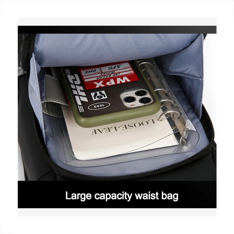 کیف کمری مشکی با فضای داخلی بزرگ و آستر آبی، مناسب نگهداری موبایل، دفترچه، کارت و لوازم روزمره