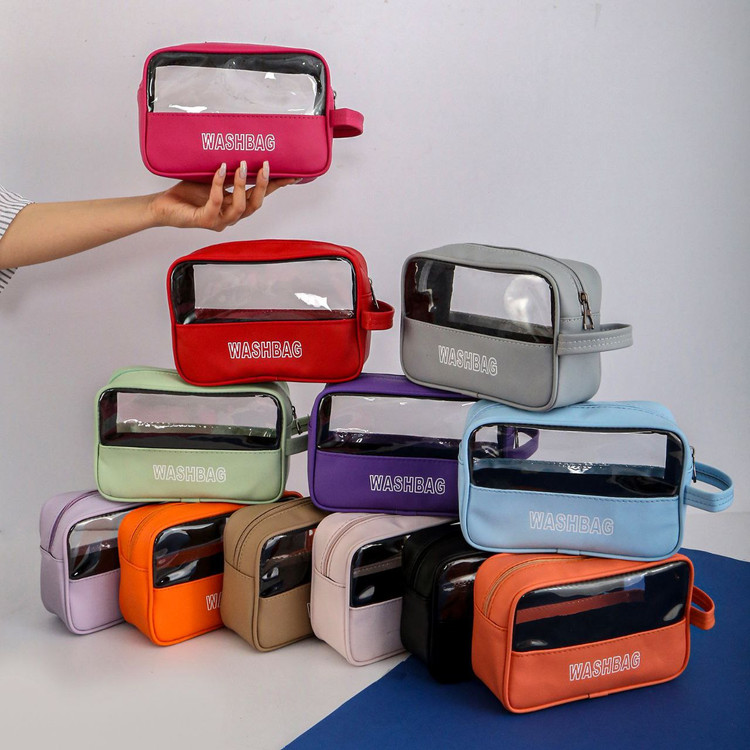 مجموعه کیفهای شفاف رنگی با چاپ WASHBAG در رنگهای متنوع، مناسب نگهداری لوازم بهداشتی و آرایشی