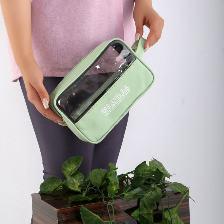 کیف واش بگ شفاف مغزپسته ای با چاپ WASHBAG، مناسب نگهداری لوازم شخصی و بهداشتی