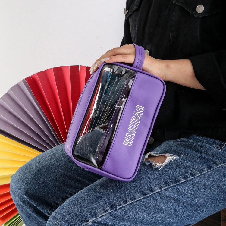 کیف شفاف بنفش با چاپ WASHBAG، مناسب نگهداری لوازم شخصی و بهداشتی