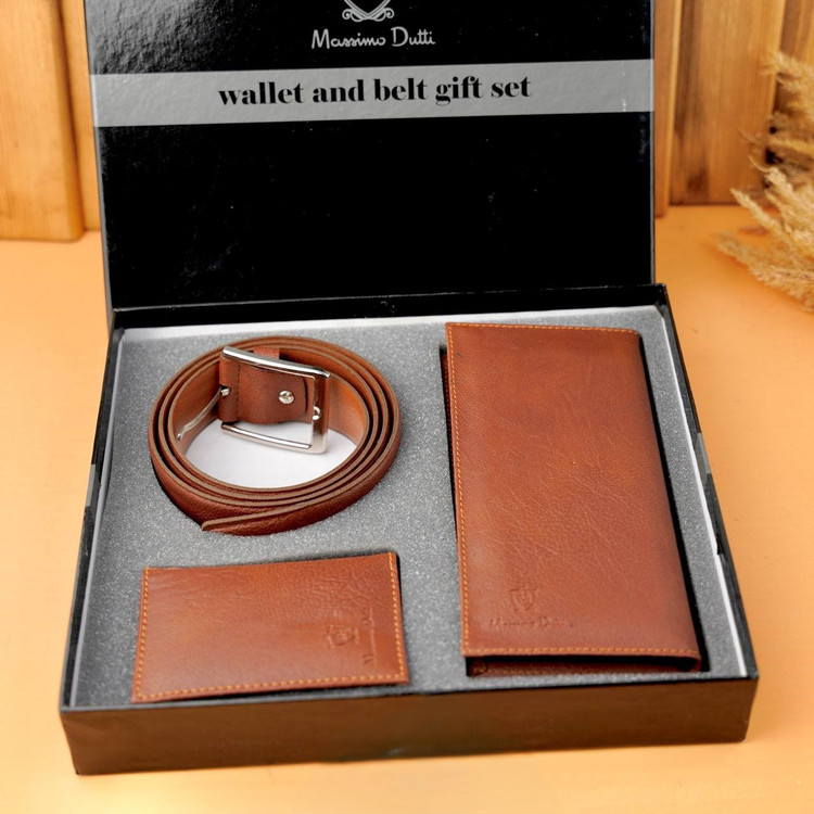 ست هدیه شامل کیف پول، جا کارتی و کمربند چرمی عسلی از برند Massimo Dutti، مناسب هدیههای رسمی و لوکس