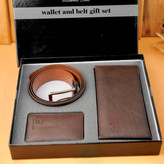 ست هدیه شامل کیف پول، جا کارتی و کمربند چرمی قهوهای از برند Massimo Dutti، مناسب هدیههای رسمی و لوکس