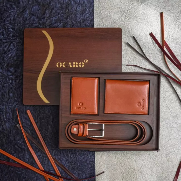 خرید ست هدیه کادویی چرم طبیعی مردانه رنگ عسلی