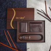 جعبه ست کیف و کمربند و جاکارتی چرم طبیعی-قهوه ای سوخته