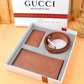 ست کمربند مردانه چرم مصنوعی رنگ عسلی با سگک زبانهدار