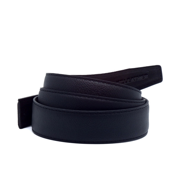 کمربند ریلی مردانه مشکی بدون سگک – نمایی از بند چرمی ساده و فریسایز برای نصب انواع سگک ریلی