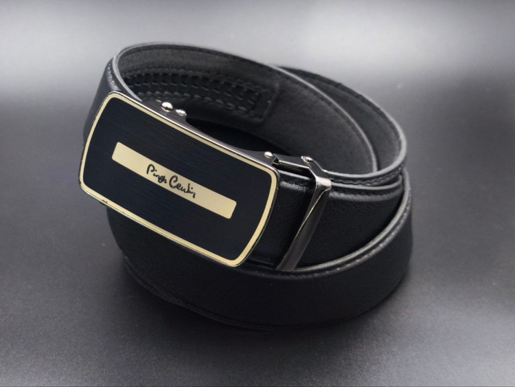 کمربند ریلی مردانه مشکی با سگک فلزی مستطیلی مشکی طلایی و دوخت بغل – مدل Pierre Cardin