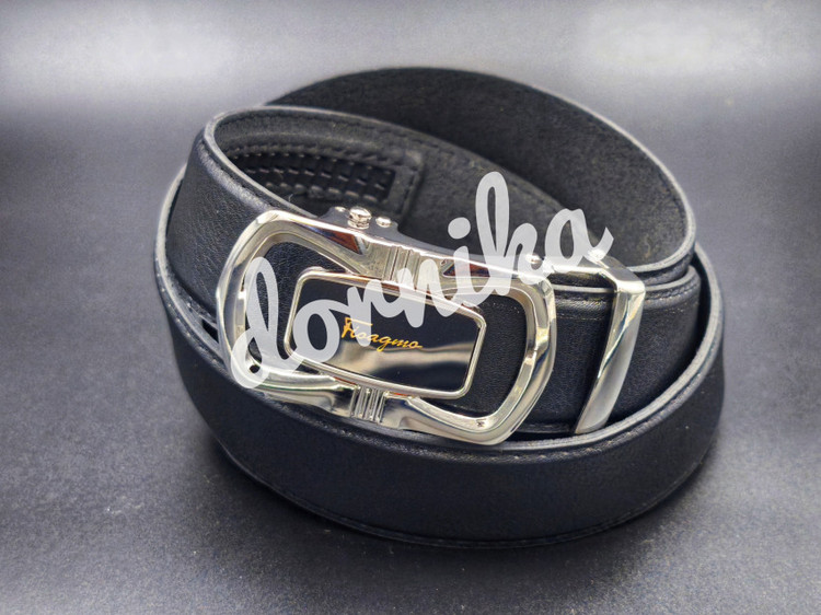 کمربند ریلی مردانه چرم مصنوعی با سگک استیل براق نقرهای – مدل کلاسیک با دوخت ظریف کنارهها