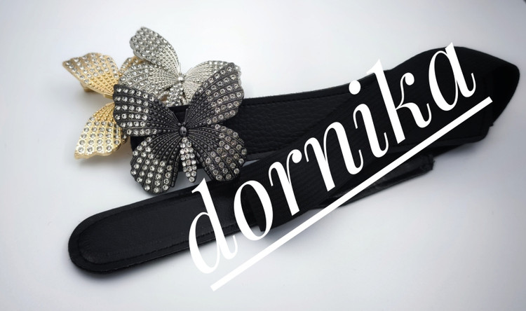 کمربند کشی زنانه مشکی با سگک پروانهای نگیندار دودی – انتخابی خاص برای بانوان خوشسلیقه که به دنبال اکسسوری متفاوت هستند