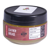 روغن مراقبتی چرم Leather Grease با درب مشکی و برچسب مشخصات شامل درخشندگی، حفاظت، مراقبت و ضدآب بودن
