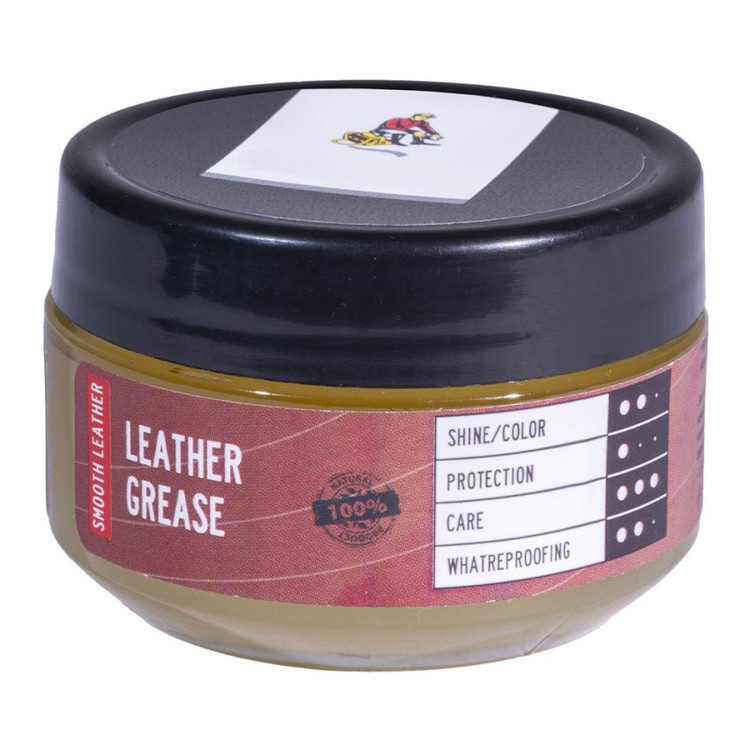 روغن مراقبتی چرم Leather Grease با درب مشکی و برچسب مشخصات شامل درخشندگی، حفاظت، مراقبت و ضدآب بودن