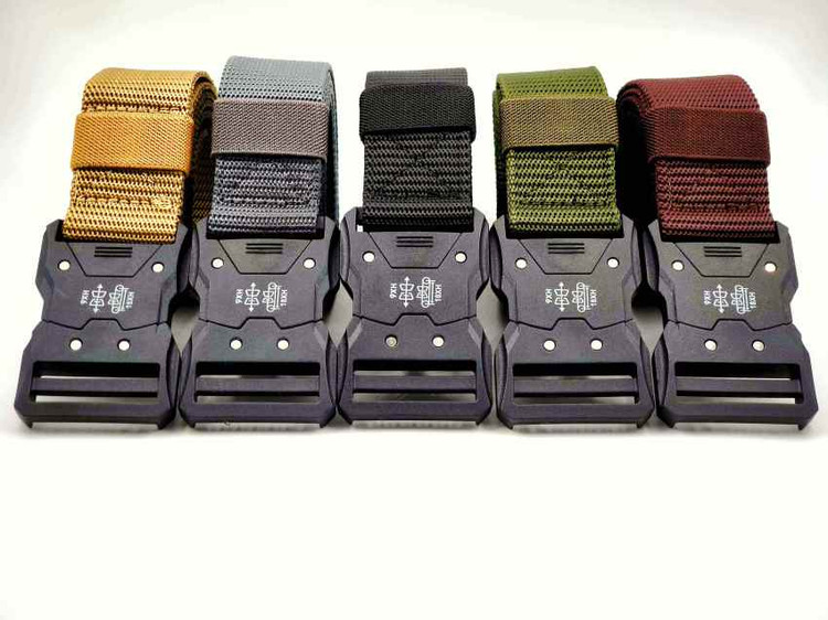 کمربند تاکتیکال سگک ترکیبی با بند برزنتی مشکی، مناسب استفاده نظامی، کوهنوردی و روزمره با سگک مقاوم فلز و پلاستیک فشرده