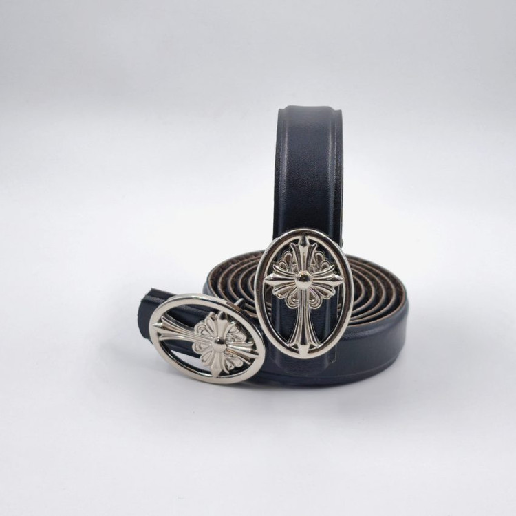 کمربند مشکی چرم مصنوعی مغزیدار با سگک نقرهای برند Chrome Hearts - مناسب برای استایل مردانه و زنانه