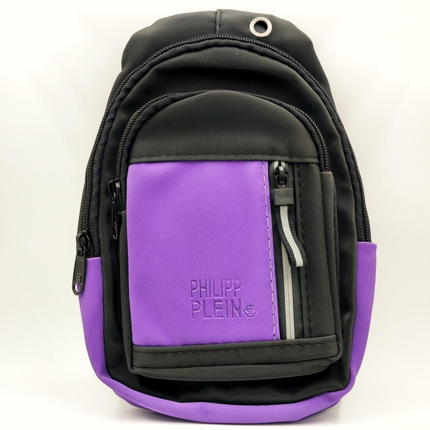 کیف کراس‌بادی بنفش و مشکی برند Philipp Plein با جیب جلویی زیپ‌دار