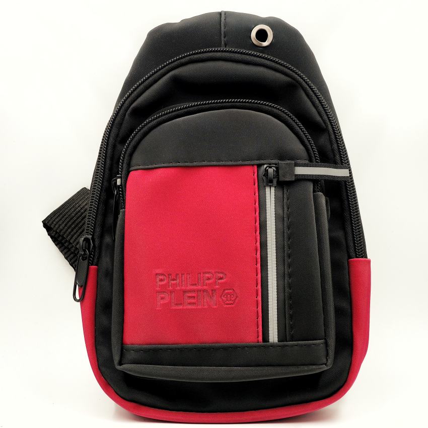 کیف کراس‌بادی زرشکی و مشکی برند Philipp Plein با جیب جلوی زیپ‌دار