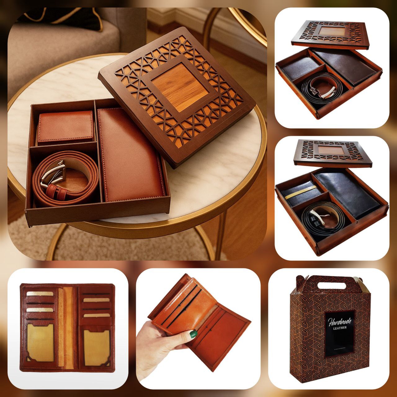ست چرم طبیعی مردانه شامل کیف، کمربند و جا کلیدی با بسته‌بندی چوبی لوکس – رنگ مشکی، قهوه‌ای و عسلی