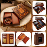 ست چرم طبیعی مردانه شامل کیف، کمربند و جا کلیدی با بستهبندی چوبی لوکس – رنگ مشکی، قهوهای و عسلی