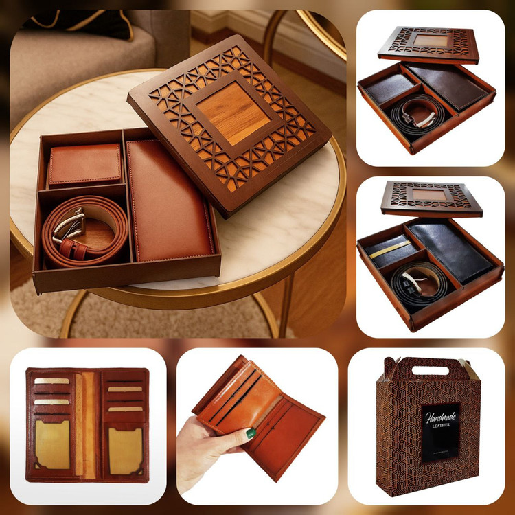 ست چرم طبیعی مردانه شامل کیف، کمربند و جا کلیدی با بستهبندی چوبی لوکس – رنگ مشکی، قهوهای و عسلی