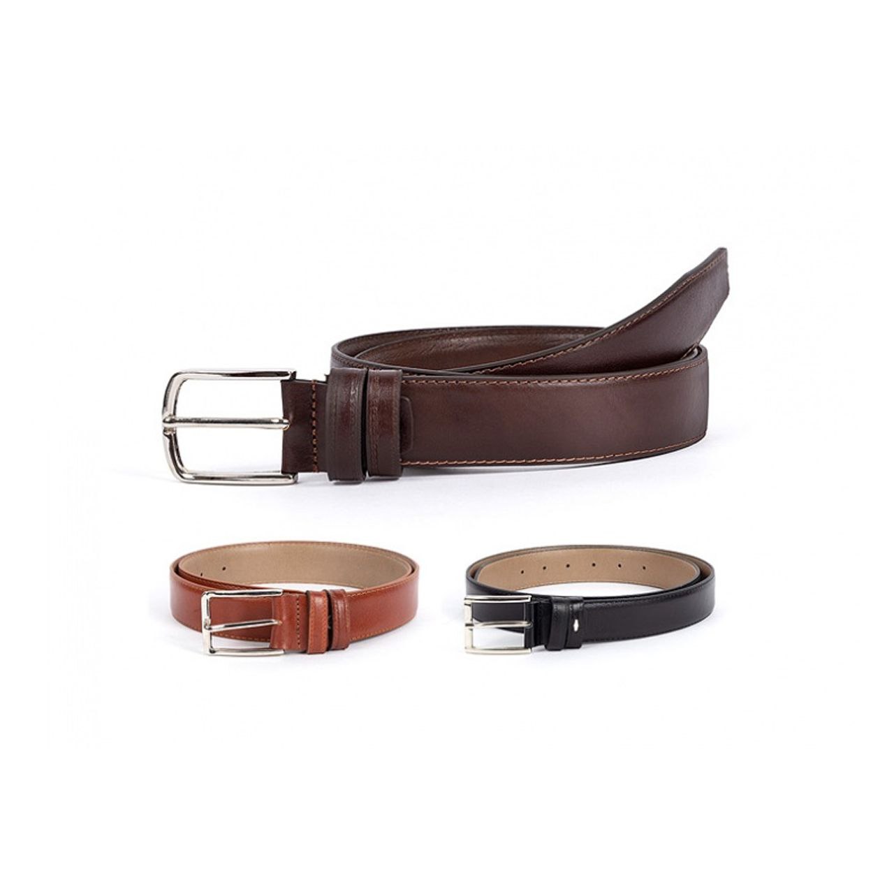 سه کمربند چرمی مردانه در رنگ‌های مشکی، قهوه‌ای تیره و عسلی با سگک فلزی نقره‌ای – مناسب استایل رسمی و روزمره
