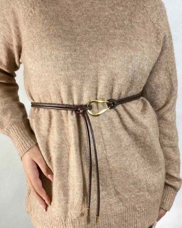 کمربند بندی زنانه قهوهای سوخته با سگک اشکی، مناسب استایل پاییزی و لباسهای گرم