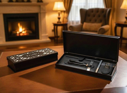 ست مدیریتی چرم طبیعی مشکی شامل خودکار، جاکلیدی، جاکارتی و کیف دسته چکی در جعبه چوبی در فضای لوکس