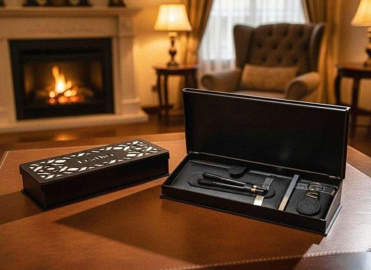ست مدیریتی چرم طبیعی مشکی شامل خودکار، جاکلیدی، جاکارتی و کیف دسته چکی در جعبه چوبی در فضای لوکس